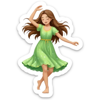 Girl with long brown hair dancing barefoot in the rain with closed eyes spring colors cartoon style elegant romantic love life raindrops in the background  sticker