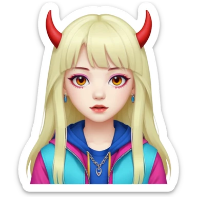  portrait-of-a-devil-k-pop-idol,-wearing-a-stylish-streetwear-outfit-with-layered-colorful-clothing,-long-hair-with-bangs,-makeup,- sticker