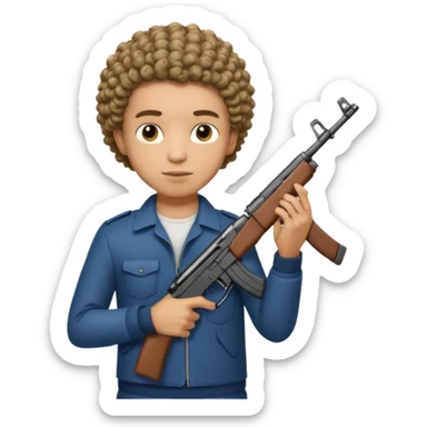 AK47 in hand, light skin male with short curly hair with a lineup  sticker