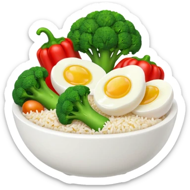 3D food emoji, glossy, smooth shapes, premium style,
broccoli, red bell pepper, rice bowl, chicken breast,
boiled eggs, vitamins bottle,
light warm background
 sticker