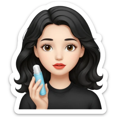 “Girl with light-black wavy hair, soft and flowing. She holds a asthetic lip balm just near her lips, about to apply it. The lip balm gives her lips a subtle glossy shine, making them look smooth, hydrated, and naturally prettyy sticker
