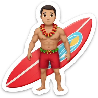 Dark-haired tan muscular 50 year old man with red shorts and shell lei surfing sticker