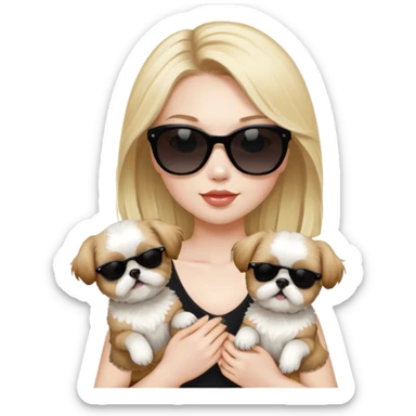 Blonde girl with pale skin and black sunglasses holding 2 Shih tzus one tan and one all black  sticker