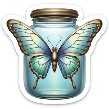 A silver butterfly traped in an old jar sticker