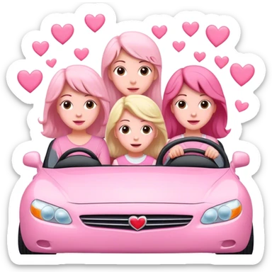 A mom, two daughters, and one son driving in pink convertible with hearts blowing behind sticker