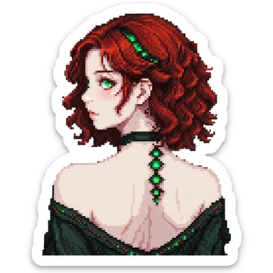 girl with green eyes, white skin, wavy black hair, red hair at the back of her neck sticker