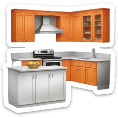 Realistic front facing orange hanging kitchen cabinets and counter.  sticker