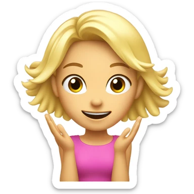 Blonde Girl with both hands open in the air. Happy, frontal view above waist only. Enjoying. Open hands showing palm sticker