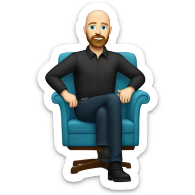 Bald, Caucasian, sky-blue-eyed, Psychotherapist in a modern colorful chair. He has a brown full beard and he’s Wearing a black dress shirt with a subtle pattern, blue jeans and black Chelsea boots with his legs separted leaning forward  sticker