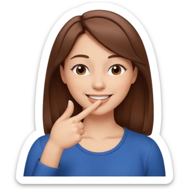 una mujer con un dedo en boca sonriendo y lps ojos en forma medio cerrados creando una curva de sonrisa pelo castaño sticker