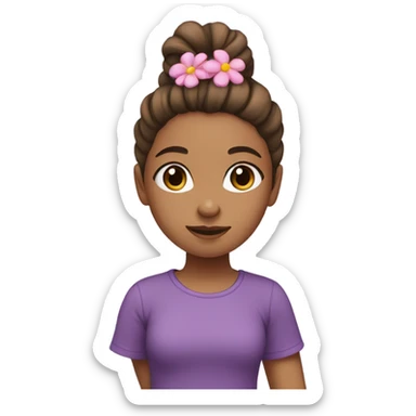 Girl with brown ponytail, pink flower on head, black and purple t-shirt and brown eyes  sticker