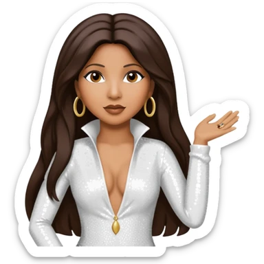 Toni Braxton with long dark brown hair, white sequin outfit sticker