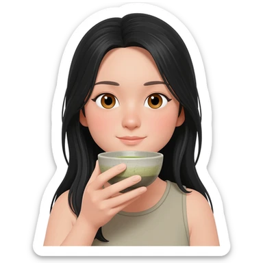 girl drink matcha black long hair hazel eyes sticker