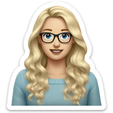 Blonde balayage long hair white women sweater blue eyes and small glasses holding cell phone  sticker