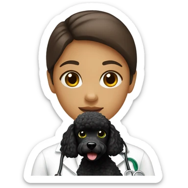 girl veterinarian with brown hears and green eyes. With she has a black poodle sticker
