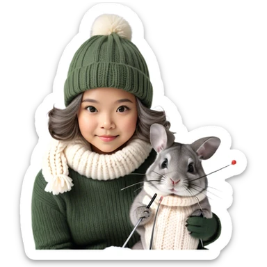 Cute girl chinchilla knitting on snow skis sticker