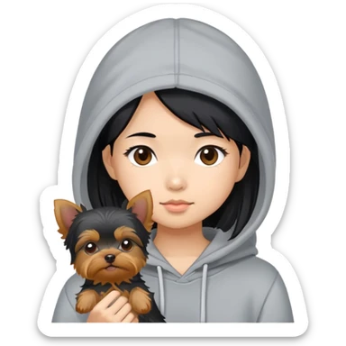 a black-haired asian girl wearing a grey hoodie with a yorkie  sticker