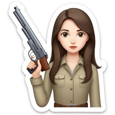 beautiful pale brunette girl with long hair with a short gun sticker