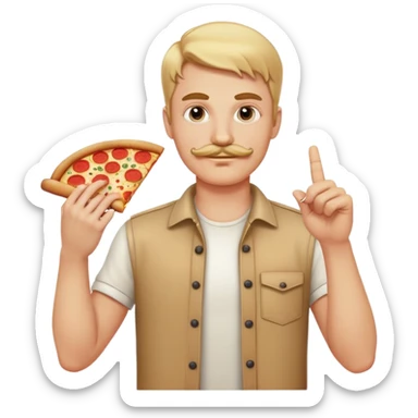 Blonde guy with mustache giving the middle finger with one hand and holding pizza in other hand sticker