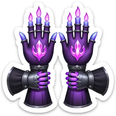 A Discord emoji of a pair of black armored gauntlets holding a flickering violet flame. The hands are positioned as if offering a gift. Dark gothic fantasy, glowing magical effects, high contrast, 2D vector style, white background. sticker