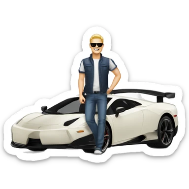 man with sunglasses and mortaboard stepping out of Supercar pointing towards us with smile sticker