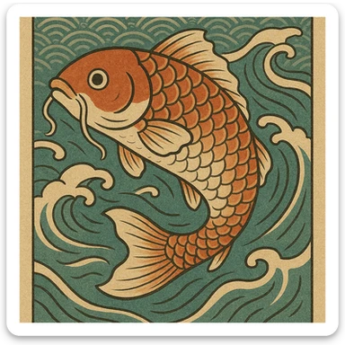 ukiyo-e style illustration of a koi fish swimming sticker