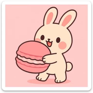 chibi bunny holding a giant macaron, soft pink background, pastel dessert theme, adorable illustration sticker