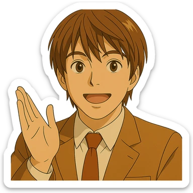 Keep Light Yagami in Ghibli style explaining something, close-up of his face, with transparent background. sticker