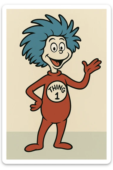 Thing One from Dr. Seuss, playful, blue hair, red suit, white circle with 'Thing 1' text, cartoon style sticker