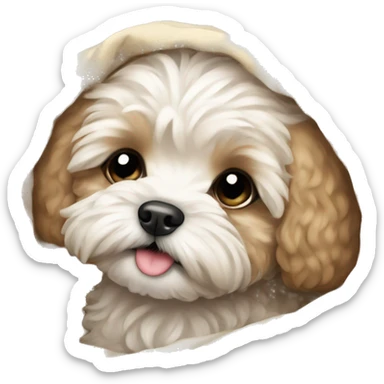  crying maltipoo puppy in blanket cuddled up sticker