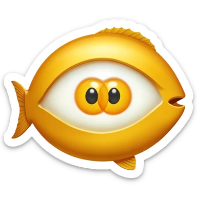 Golden liver, egg yolk, and fish floating around an eye sticker
