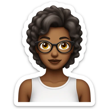 mulher jovem negra com cabelo liso até um pouco abaixo do ombro com mechas marrons e com óculos de formato arredondado. olhos escuros com extensão de cílios, nariz um pouco redondo e blusa vermelha.  sticker