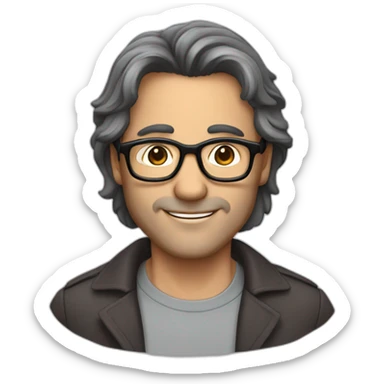 Handsome 50 year old man with dark brown hair and grey streaks. Wears brown glasses sticker