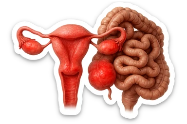 utero umano anatomico iperrealistico e intestino umano anatomico iperrealistico hanno in comune il dolore e l'infiammazione, rendi bene il collegamento tra i due organi doloranti, falla iperrealistica, non disegnata sticker
