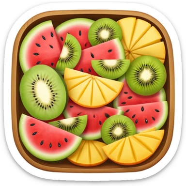 square box filled with watermelon, strawberry, mango, kiwi, orange, cantaloupe, and pineapple slices arranged like a fruit platter sticker