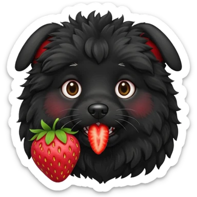 A black fluffy dog with a strawberry sticker