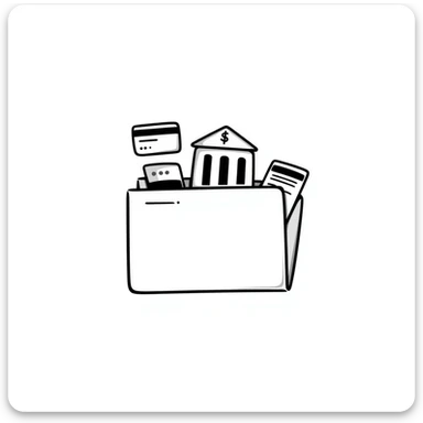 Closed folder icon with small symbols floating around: bank building, credit card, calculator, and document – organized financial archive sticker