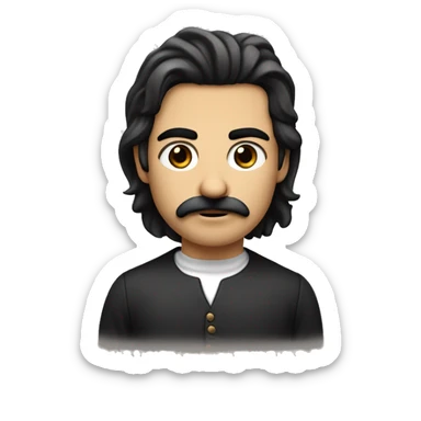 He had dark, side-parted hair, a distinctive small rectangular mustache, deep-set intense eyes, prominent eyebrows, a straight nose, a strong jawline, light complexion, and was often depicted with a stern expression. sticker