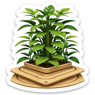 Very Large asymmetrical alien-futuristic multi-tier multi-level square plant rack, which holds thirty-five plants, constructed from plywood sticker