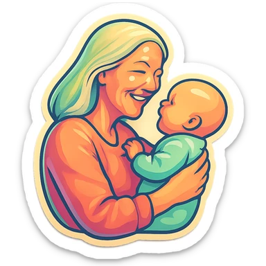 mature woman with long light hair holding a baby in her arms, smiling, side view, thin clean outlines, soft rounded shapes, pastel palette, retro sticker aesthetic, detailed shadows and highlights, soft lighting sticker