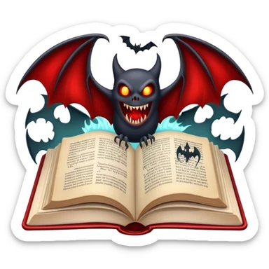 Icon for Horror & Mystery Reading: an open book with eerie glowing symbols, from which rise vampire Dracula with fangs, flying bats, a zombie hands. Surrounding elements. Transparent background. sticker