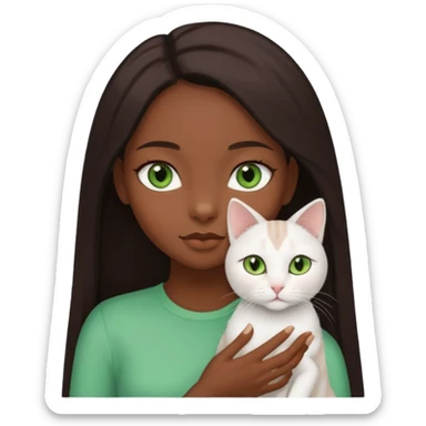 black girl with brown eyes with straight long dark brown hair with a side part holding a female white cat with green eyes sticker