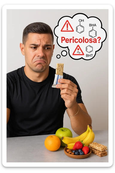 un uomo in abbigliamento sportivo tiene in mano una barretta proteica, osservandola con un’espressione scettica e preoccupata. Sopra la barretta, una nuvoletta di pensiero mostra simboli di allarme, ingredienti chimici e la scritta “Pericolosa?” in rosso. Sullo sfondo, frutta fresca e altri snack naturali sono visibili sul tavolo, sottolineando la sua preferenza per alternative più sane. sticker