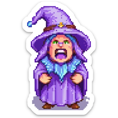 8-bit pixel art wizard yelling, purple hat, open mouth, pixelated magic effects sticker