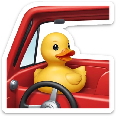 yellow rubber ducky at the steering wheel driving a red truck sticker