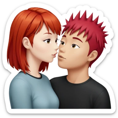 Asian Spiky short red hair  guy kissing redhead white girl with bangs long hair  sticker