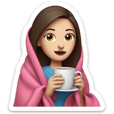 Woman with pale skin, blue eyes, and dark brown here drinking coffee while wrapped in a pink blanket sticker