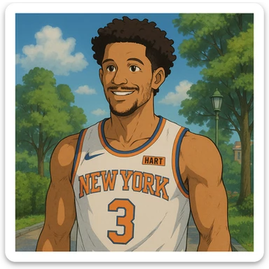 Josh Hart basketball player wearing a New York Knicks jersey, friendly expression, detailed background, Ghibli style sticker
