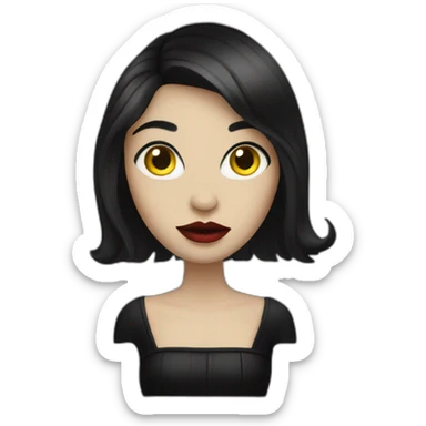  similar to human with red skin, black long hair, yellow eyes (black white of the eye), in black lather dress, black lips sticker