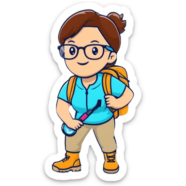 Very cheerful excited woman in her 40s with glasses wearing sporty outfit, hiking boots, and backpack, holding a magnifying glass with big smile sticker